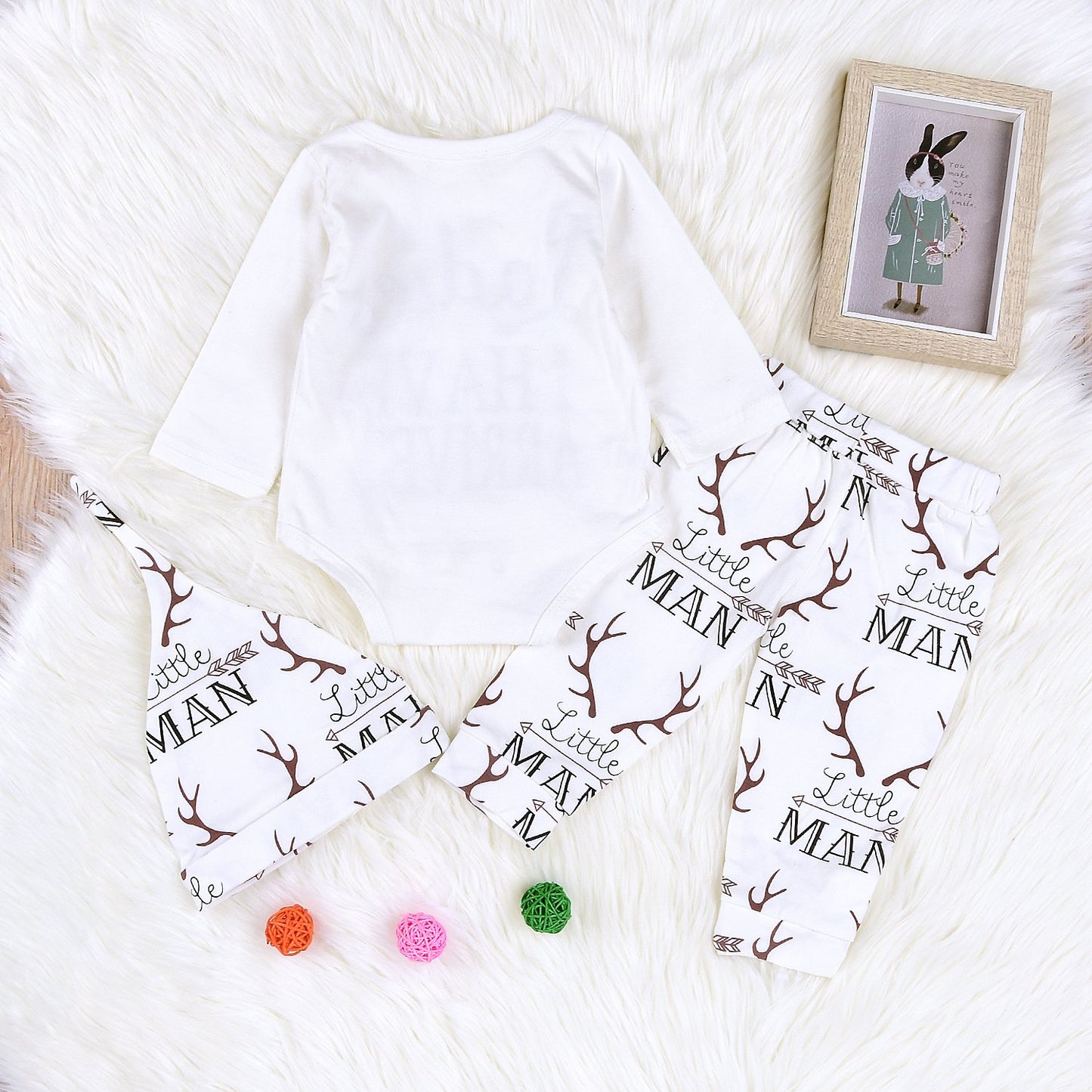 Newborn Suit For Baby Shower Deer Print Long Sleeve Romper+Long Pants+Hat (6-12Months, Man),12M