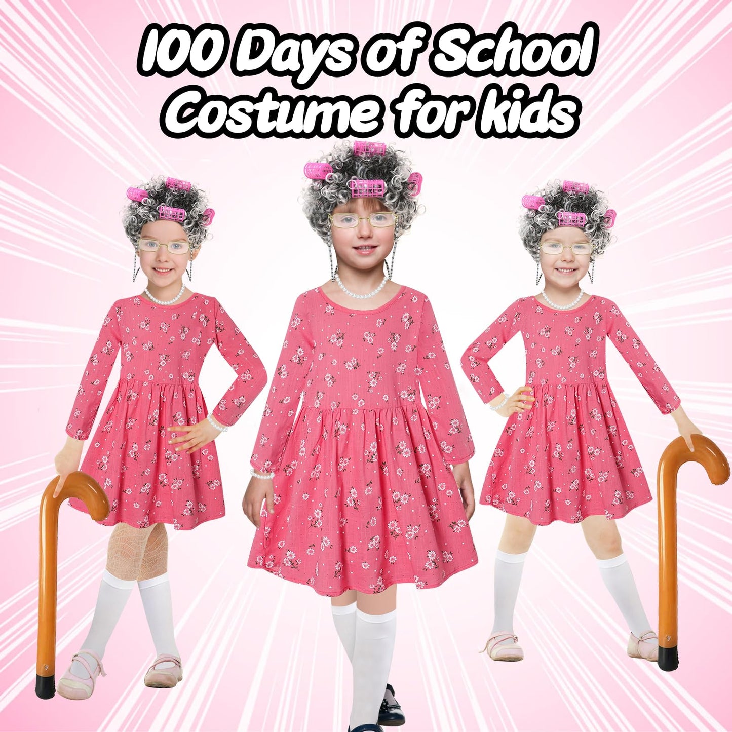 Old Lady Costume For Kids Girls 6T -7T 100 Days Of School Costume Outfit 100Th Day Of School Dress Up For Girls Kids Granny Gran
