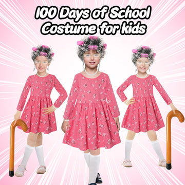 Old Lady Costume For Kids Girls 6T -7T 100 Days Of School Costume Outfit 100Th Day Of School Dress Up For Girls Kids Granny Gran