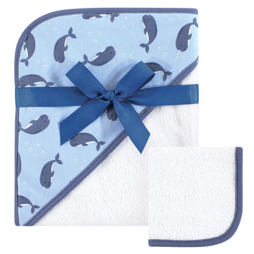 Hudson Baby Unisex Baby Cotton Hooded Towel And Washcloth, Narwhal, One Size