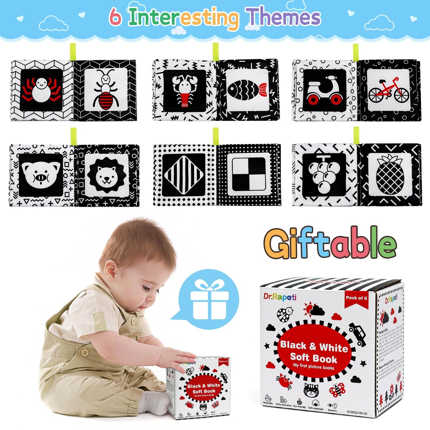 Dr.Rapeti Soft Cloth Books Baby Books Bath Books 6-Pack for Baby Infant Toddler Kids High Contrast Black and White Crinkle Washa