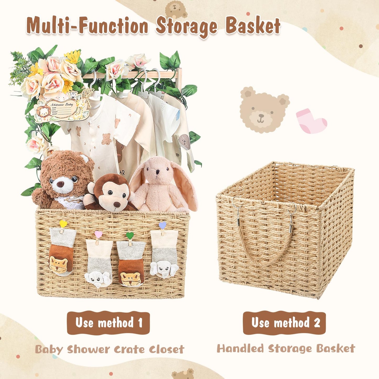 Wisreach Wooden Baby Shower Crate Closet, Foldable Handwoven Storage Basket for Baby Shower Gifts, Welcome Gift Basket for Newbo