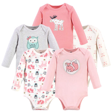Hudson Baby Unisex Baby Cotton Long-Sleeve Bodysuits, Pink Forest, 3-6 Months