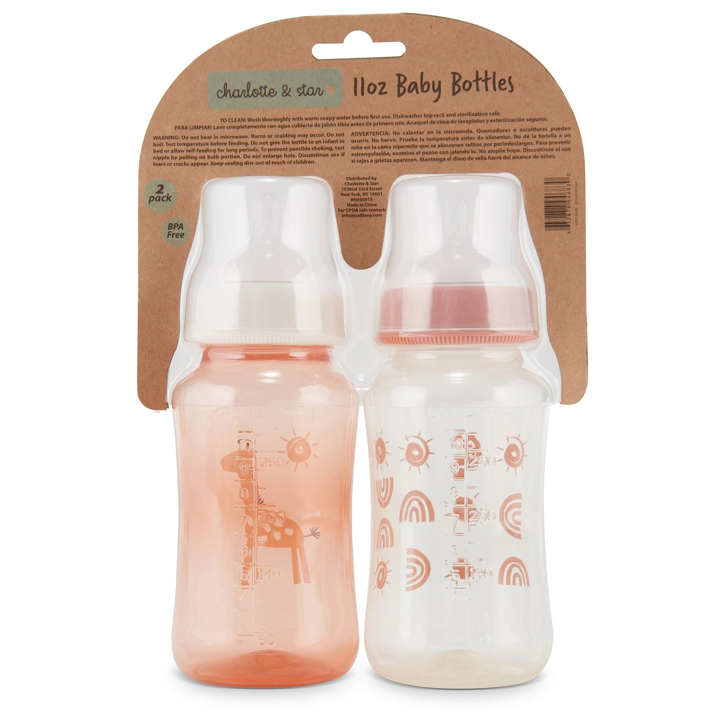 Premium 2-Pack Baby Bottles - 11 Ounce, Hourglass Shape, Fun Boys And Girls Prints, Clear Cover - Bpa-Free