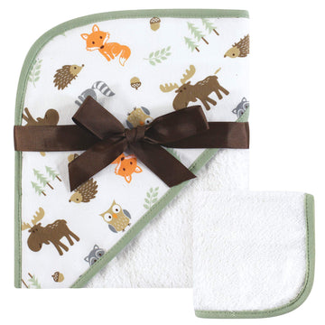 Hudson Baby Unisex Baby Cotton Hooded Towel And Washcloth, Woodland, One Size