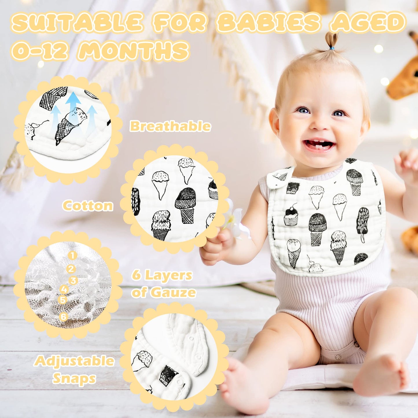 Zainpe 6Pcs Snap Muslin Cotton Baby Bibs Ice Cream Cactus Pattern Black Infants Feeding Bib Adjustable Machine Washable Unisex B