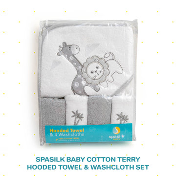 Spasilk Baby Cotton Terry Hooded Towel & Washcloth Bath Shower Set For Newborns And Infants, Gray Lion