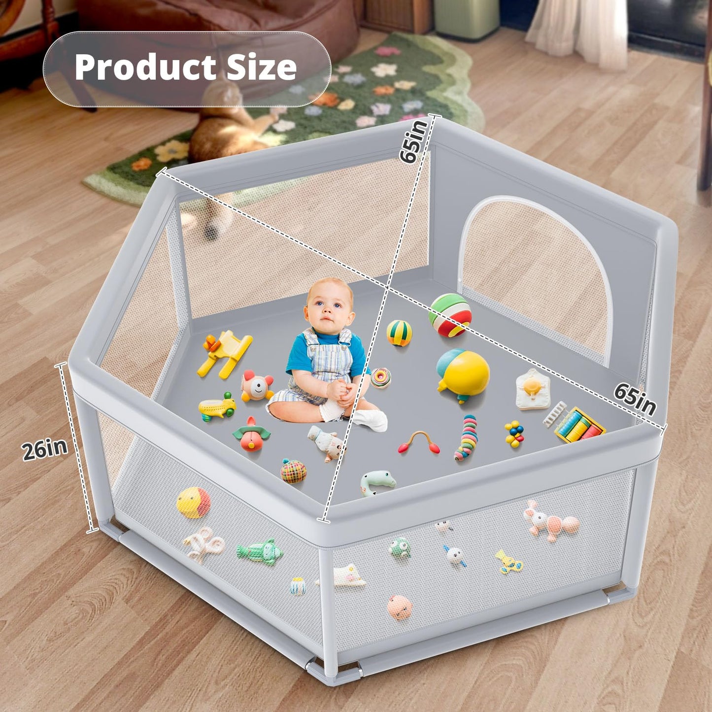 65  65 Inch Stylish Hexagonal Baby Playpen, Soft Play Pen For Babies And Toddlers, Safe Anti-Fall Baby Play Yards, Indoor & Outd