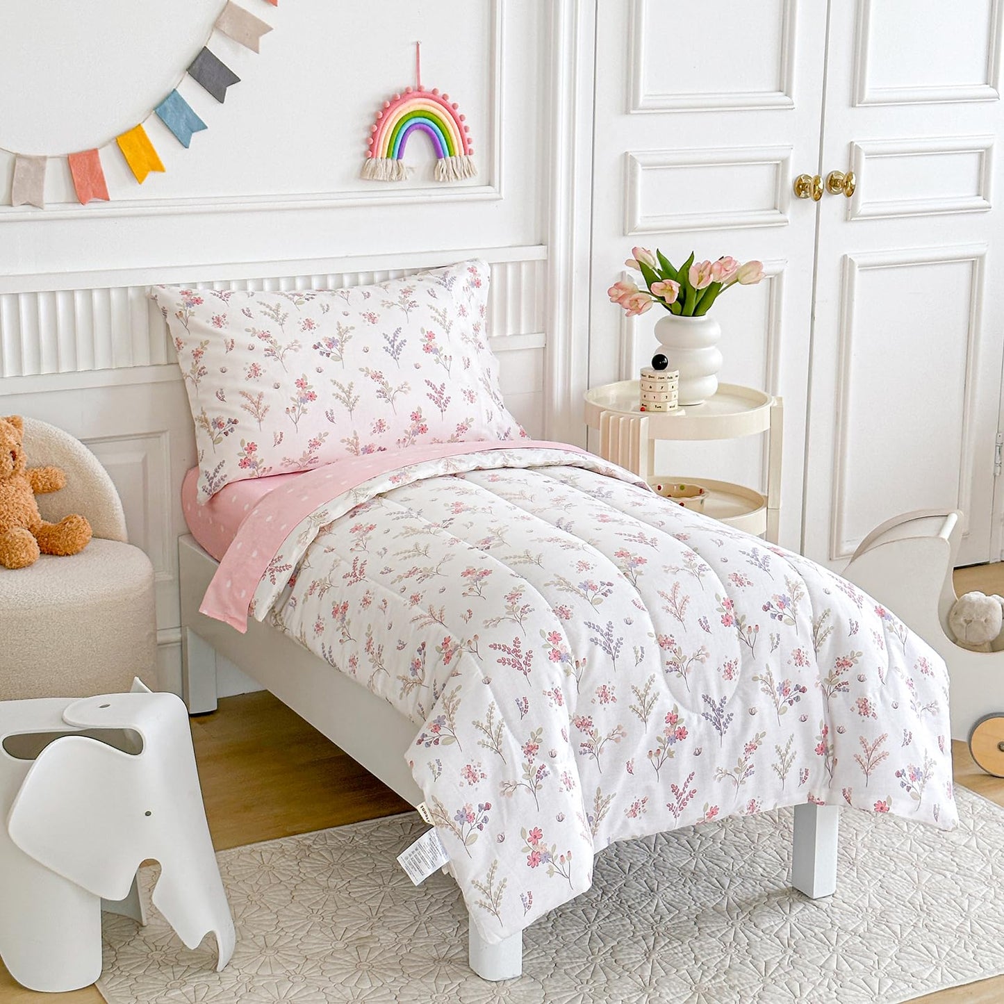 Joyreap 4 Piece Cotton Toddler Bedding Set For Girls, Flowers N Leaves Pink Design, Soft Breathable Cotton Toddler Comforter Set
