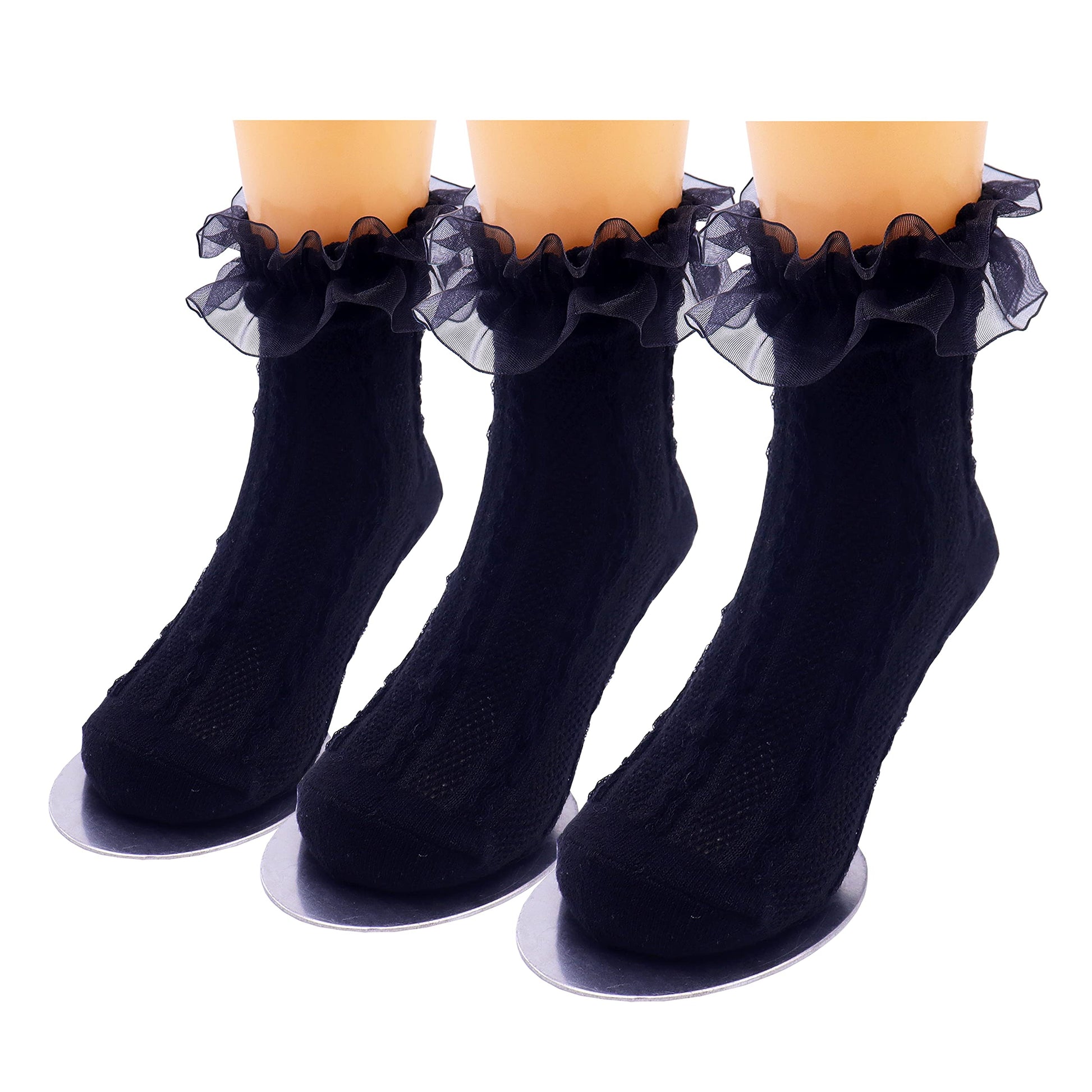 Xiyadun Girls Ruffle Lace Eyelet Frilly Ankle Dress Socks For Infant/Toddler/Girl(Black,1-3 Years)