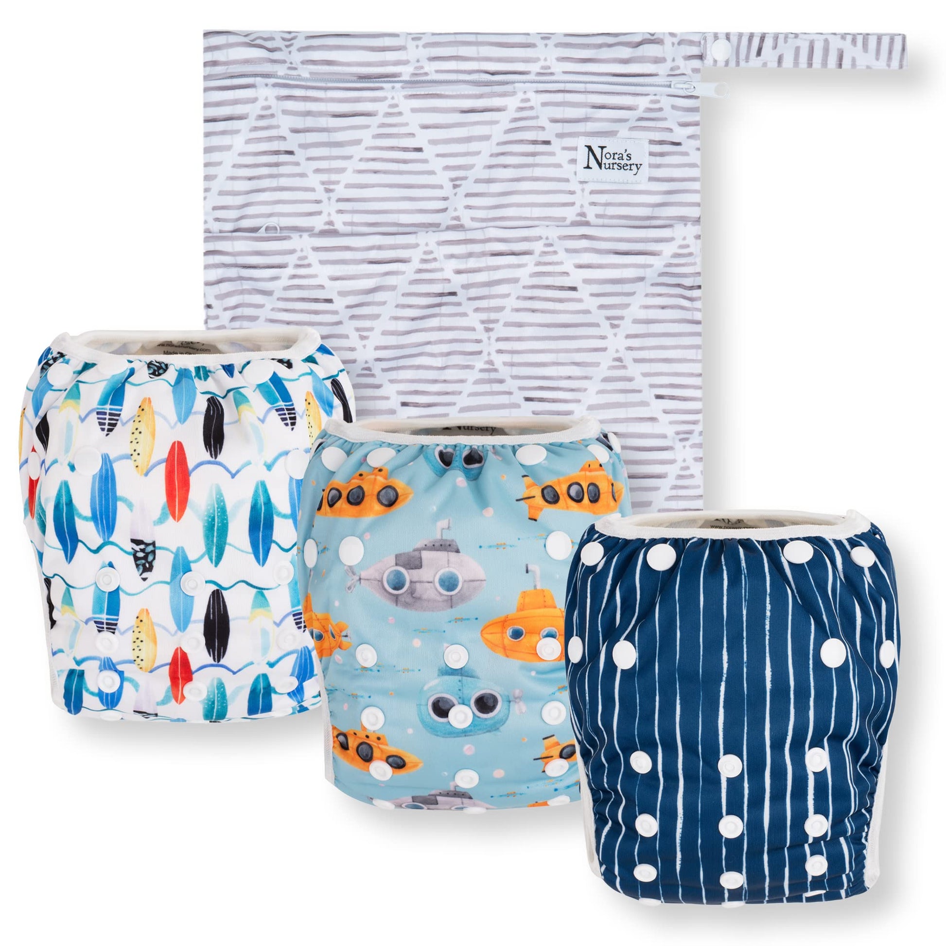 Noras Nursery Reusable Swim Diapers and Wet Bag - One Size Fully Adjustable - Seaside Unisex 3 Pack with Wet Bag