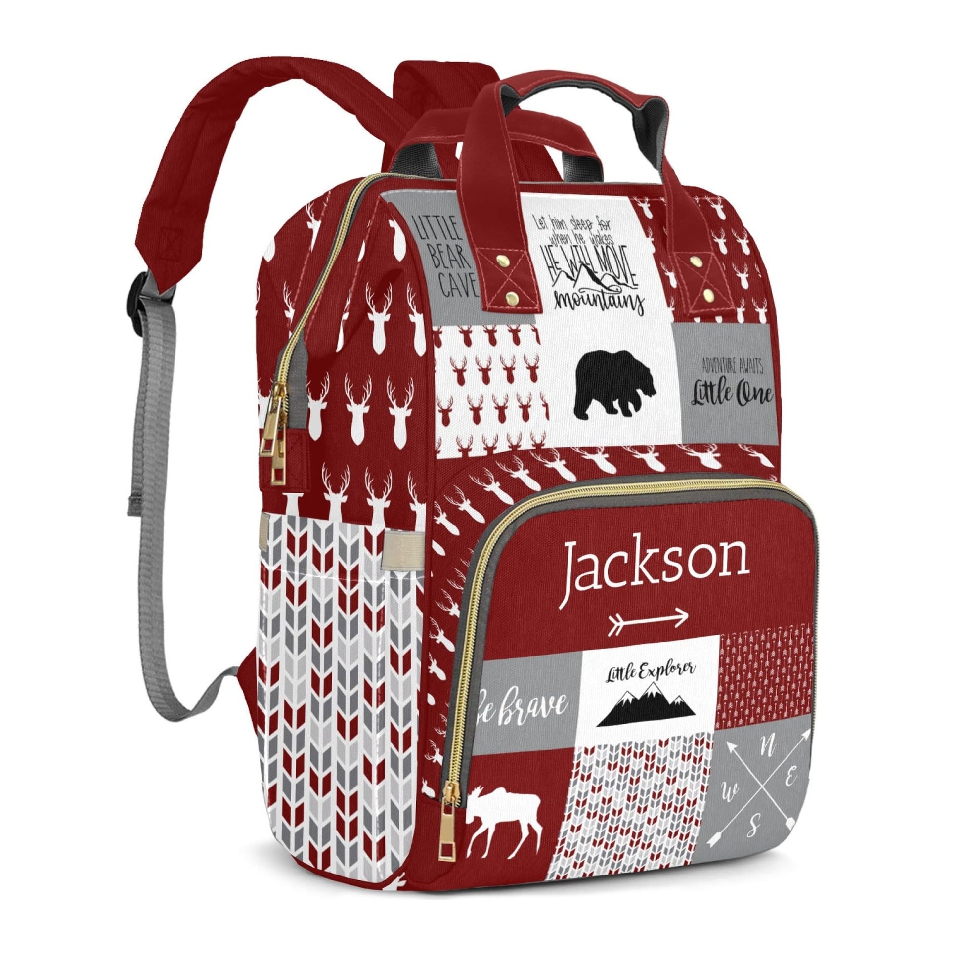 Perarts Woodland Bear Personalized Diaper Bag Backpack for Baby Boy with Name, Red Custom Nappy Nursing Bag for Moms Dads, Custo