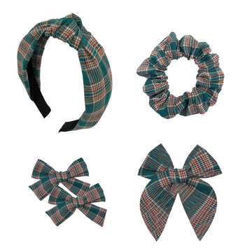5 Pcs Plaid Headband Set with Knot Scrunchies, Padded Bows, Christmas Hair Clips for Women & Girls (Green)