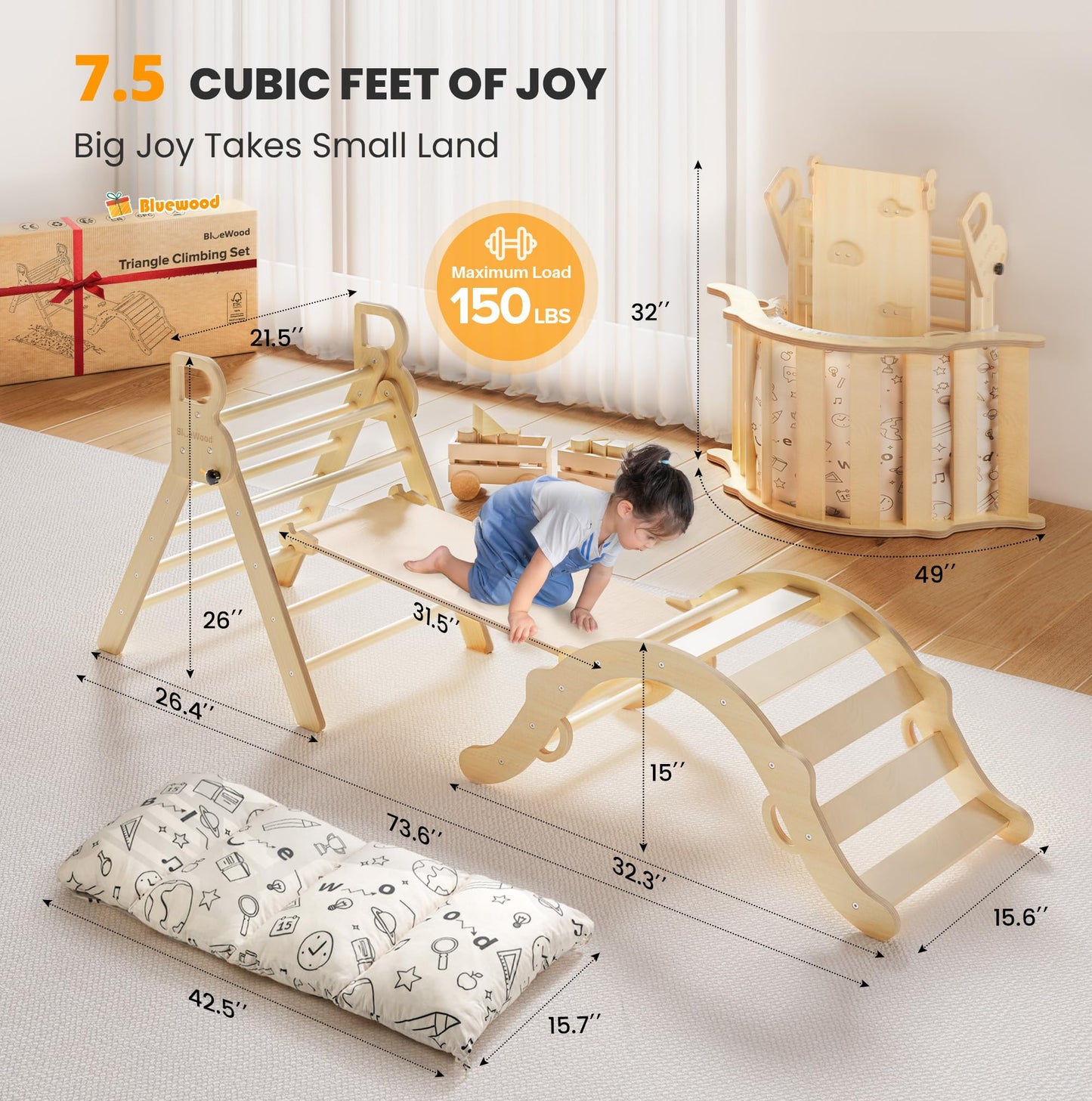 Bluewood Pikler Triangle Set With Cushion, 8-In-1 Climbing Toys For Toddlers, Montessori Philosophy Play Jungle Gym With Arch, R