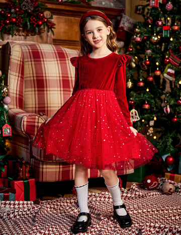 Arshiner Girls Christmas Dress Velvet Tutu Long Sleeve Winter Holiday Valentines Outfit Red Size 7