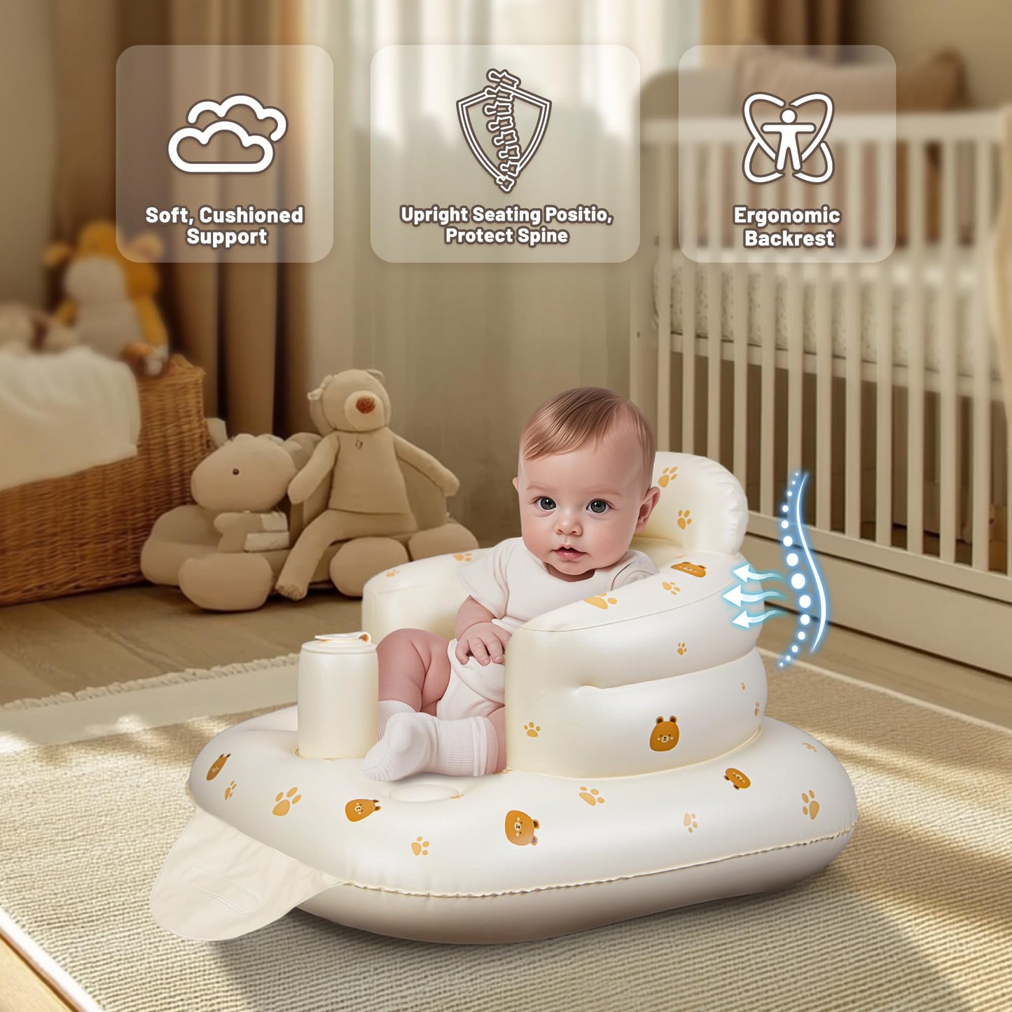 Josen Inflatable Baby Seat For Babies 3 Months & Up, Baby Floor Seats Learn To Sit Up, Portable Infant Feeding Shower Chair, Blo