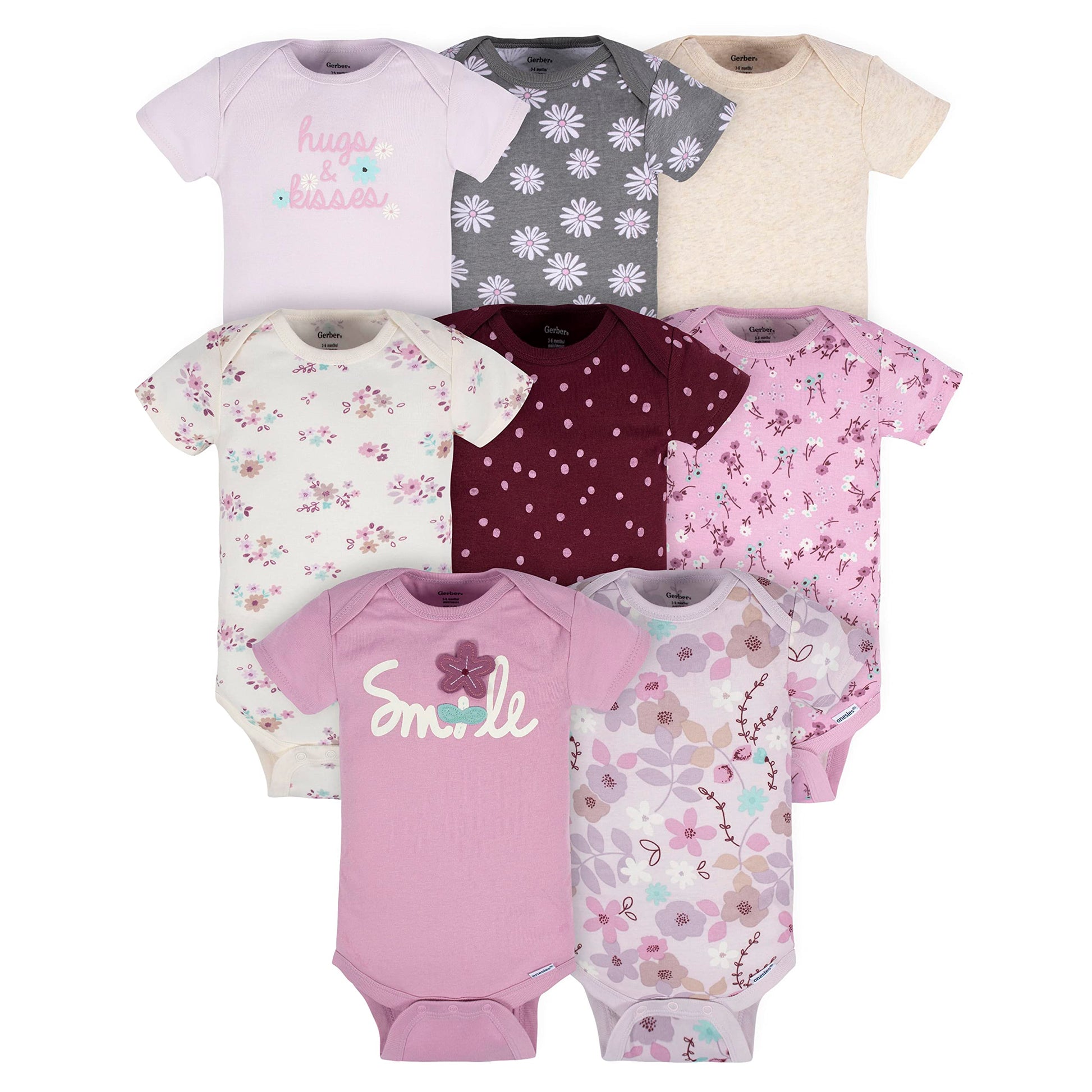 Gerber Baby Girls 8-Pack Short Sleeve Onesies Bodysuits, Lavender Garden, 0-3 Months