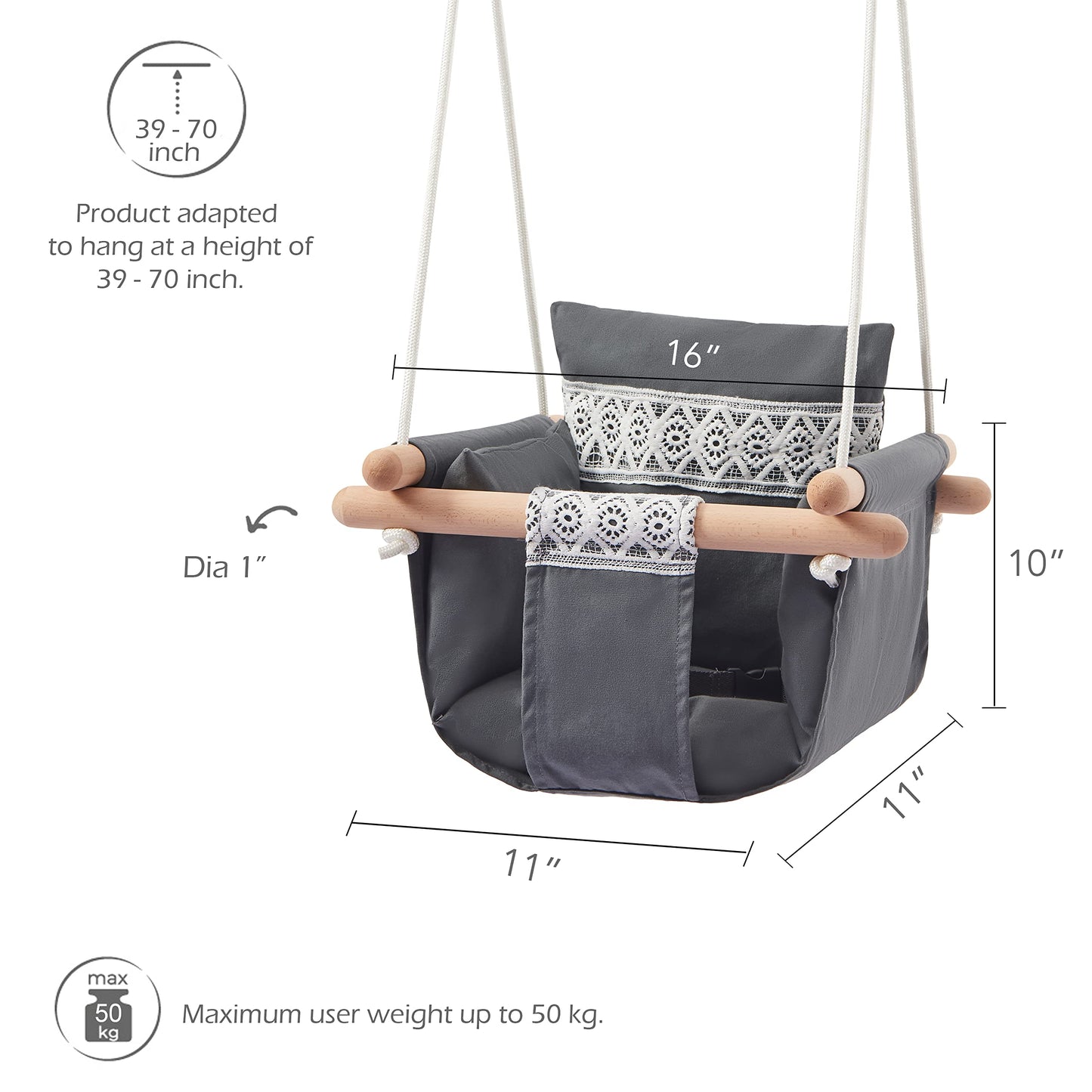 Secure Baby Swing Seat With Safety Belt - Baby Canvas And Wooden Swing Chair With Lace D  Cor Cushion - Hanging Indoor Swing For