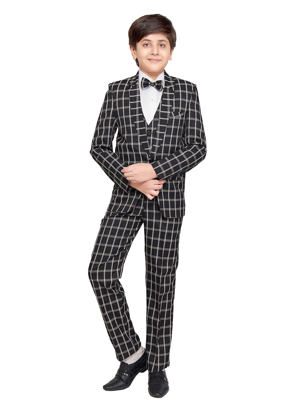 Jeetethnics Boys Black Checked Coat Suit Set With Waistcoat Shirt And Trousers (9083Cq)