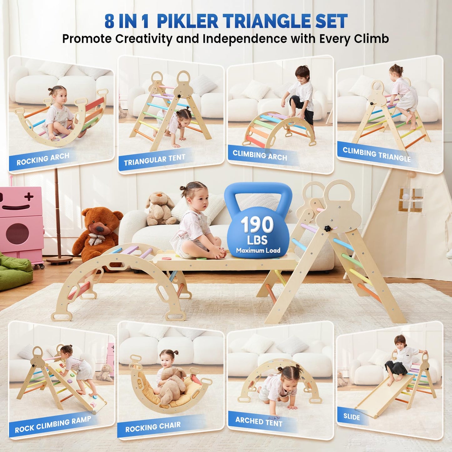 Saryocy Pikler Triangle Set For Kids, 8 In 1 Colorful Montessori Large Climbing Toys For Toddlers 1-6 Inside With Arch, Ramp And