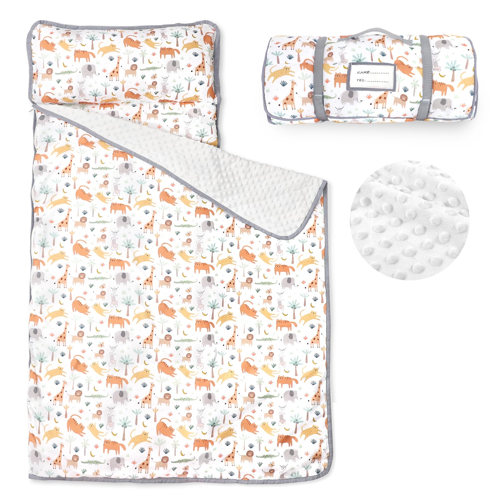 Toddler Nap Mat with Removable Pillow & Soft Minky Blanket, HNHUAMING Extra Large Rolled Napping Mats for Boys & Girls, Kids Slu