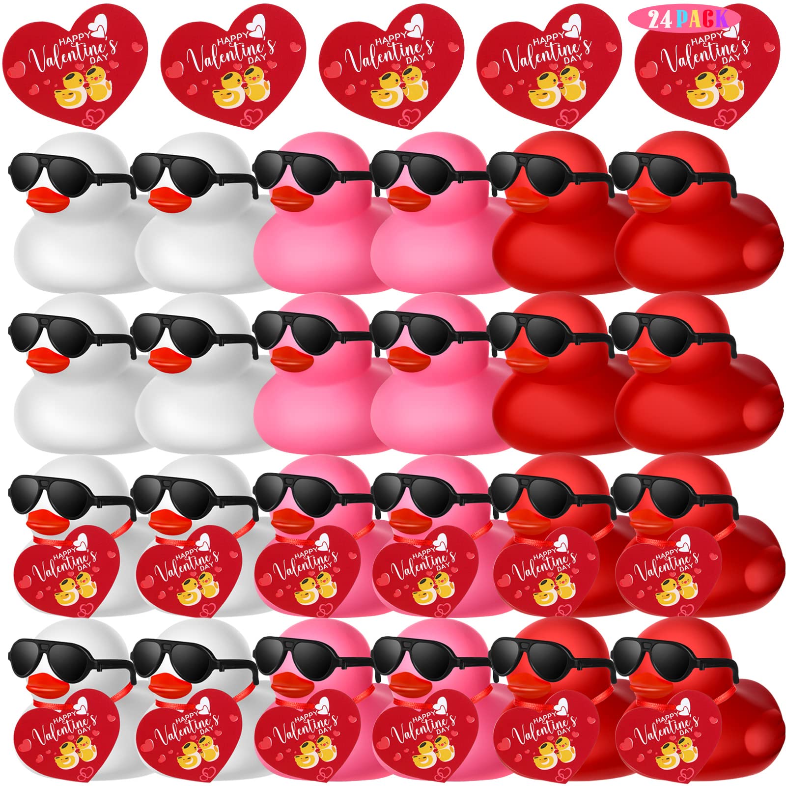 Chivao 24 Pcs Valentine Rubber Ducks with 24 Sunglasses and 24 Heart Gift Card Rubber Ducky Bath Toy Heart Ducks for Birthday Pa