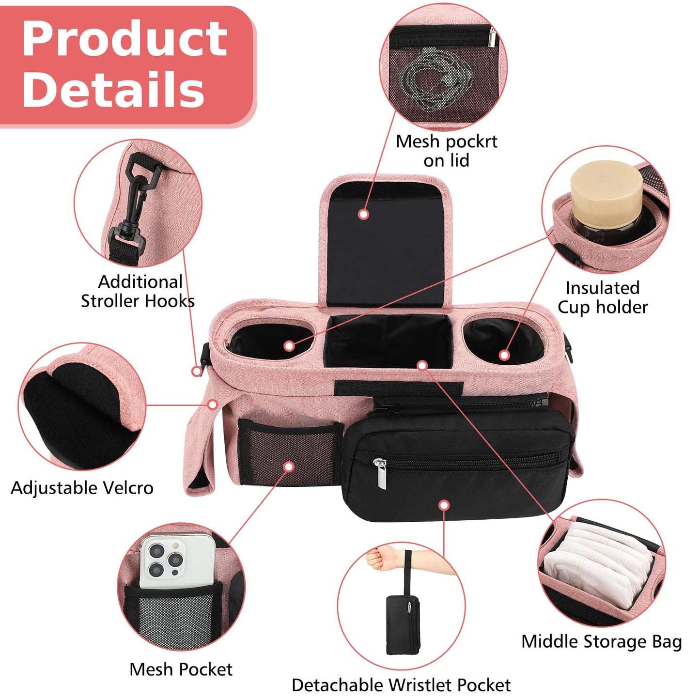 Accmor Universal Stroller Organizer With Insulated Cup Holder Detachable Phone Bag And Shoulder Strap,Stroller Bag Caddy Organiz