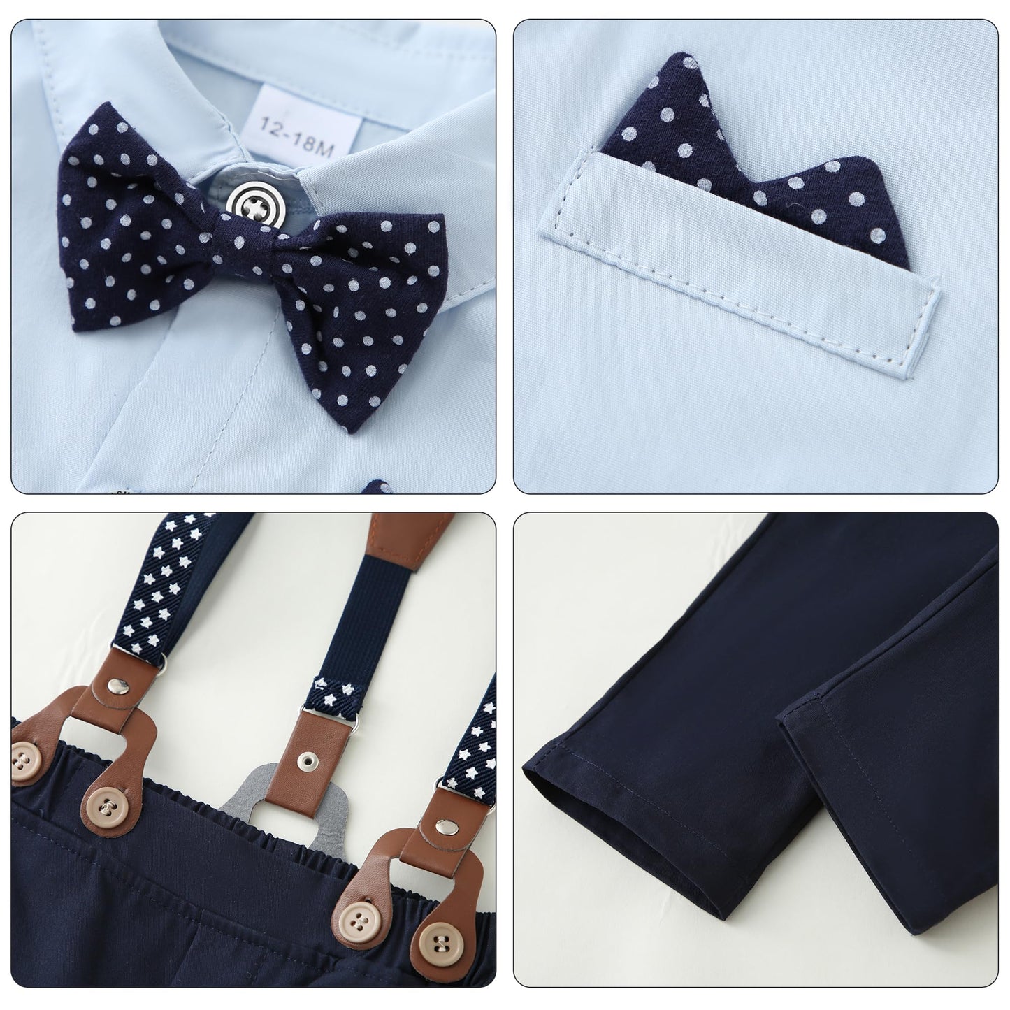 Yallet Toddler Baby Boy Clothes Suit Gentleman Outfits Formal Dress Shirt + Bowtie + Suspender Pants Wedding Party(L Sky Blue, 2