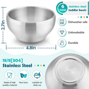 Haware 6-Piece Kids Bowls, 12Oz Sus304 Metal Bowl For Toddler Children, Small Baby Bowls For Feeding/Soup/Snacks, Multipurpose 1