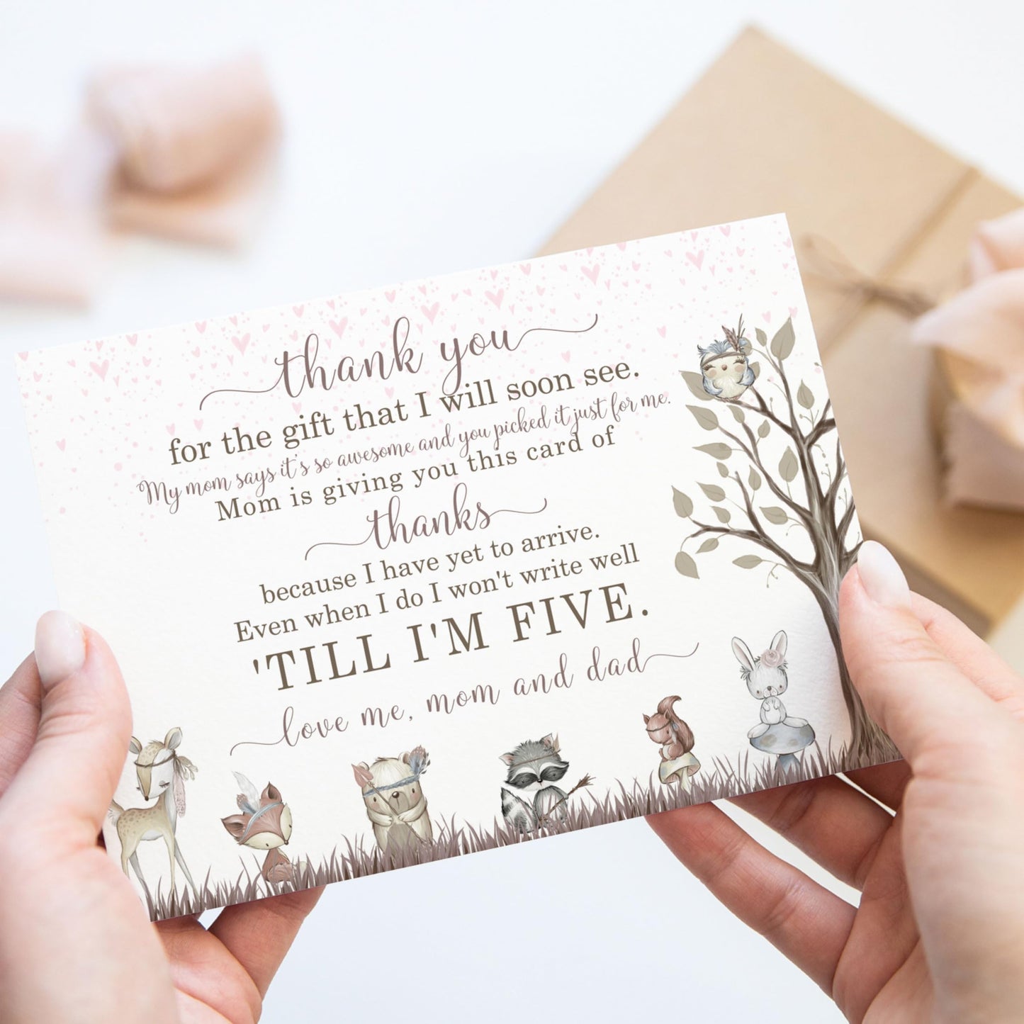 Girls Woodland Baby Shower Thank You Cards And Envelopes (15 Pack) Girls Notecards With Message From Babies - Rustic Floral Pink