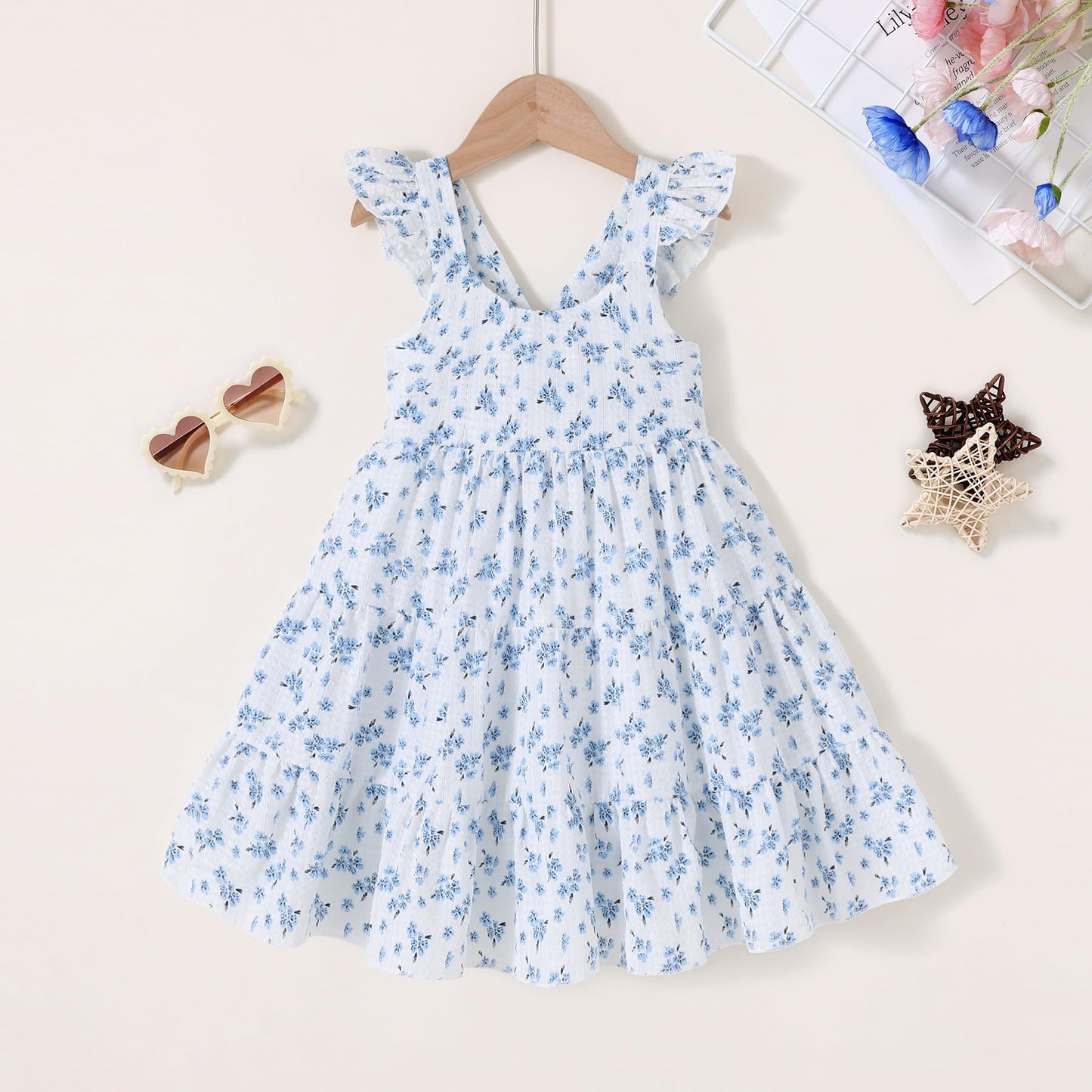 Younger Tree Toddler Baby Girl Dress Summer Outfits Flutter Sleeve Smocked Dress Kids Causal Boho Dresses Clothes (3-4T, Elegant