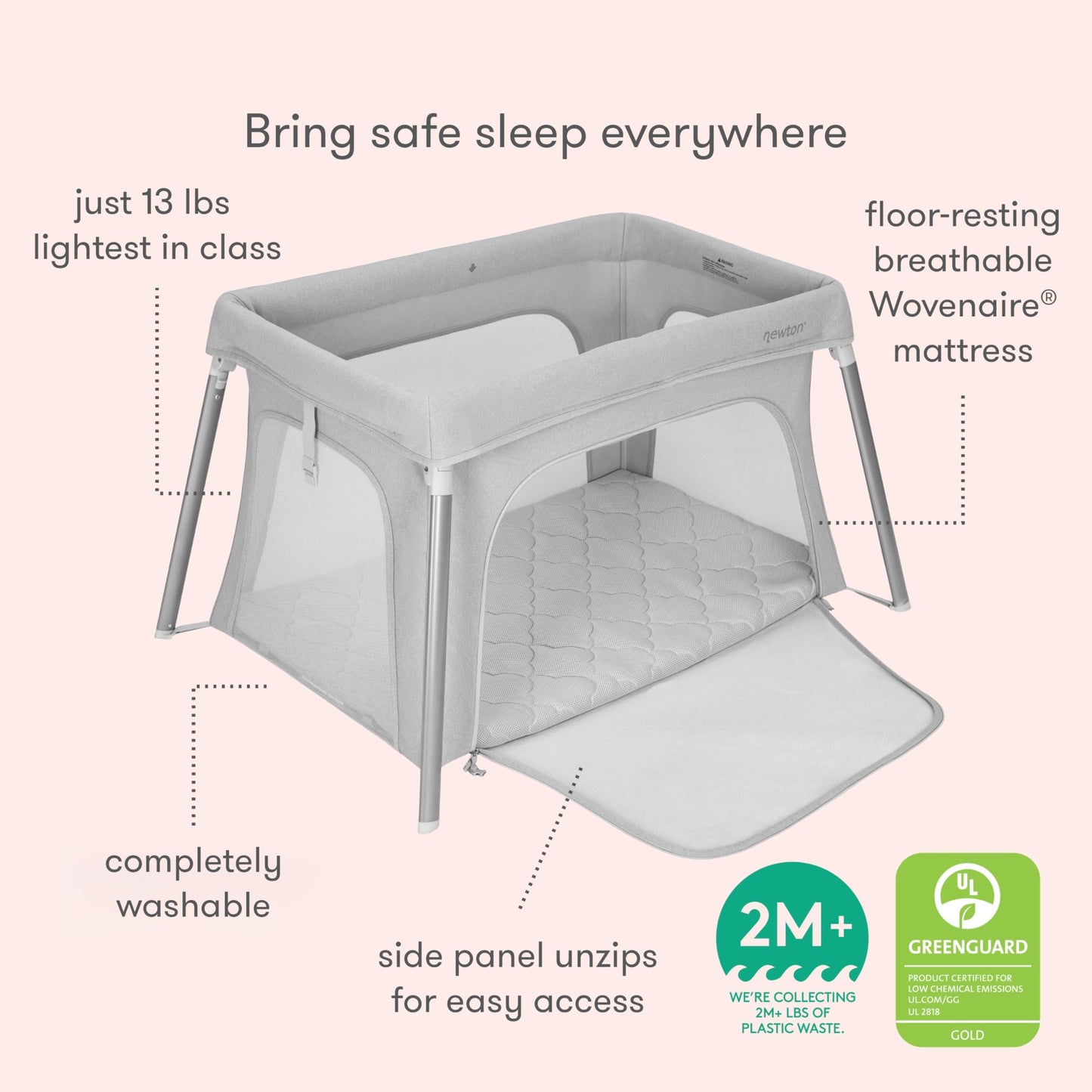 Newton Baby Compact Travel Crib & Play Yard | Breathable & Washable Mattress, Foldable Carry-On Size, Backpack Straps, Gray, New