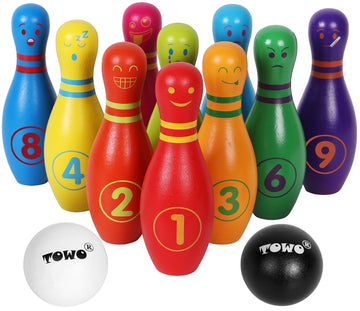 TOWO Wooden Skittles for Children - Wooden Skittle Set with Animal Faces and Numbers - 10 Pin Bowling Set for Kids Garden Toys- 