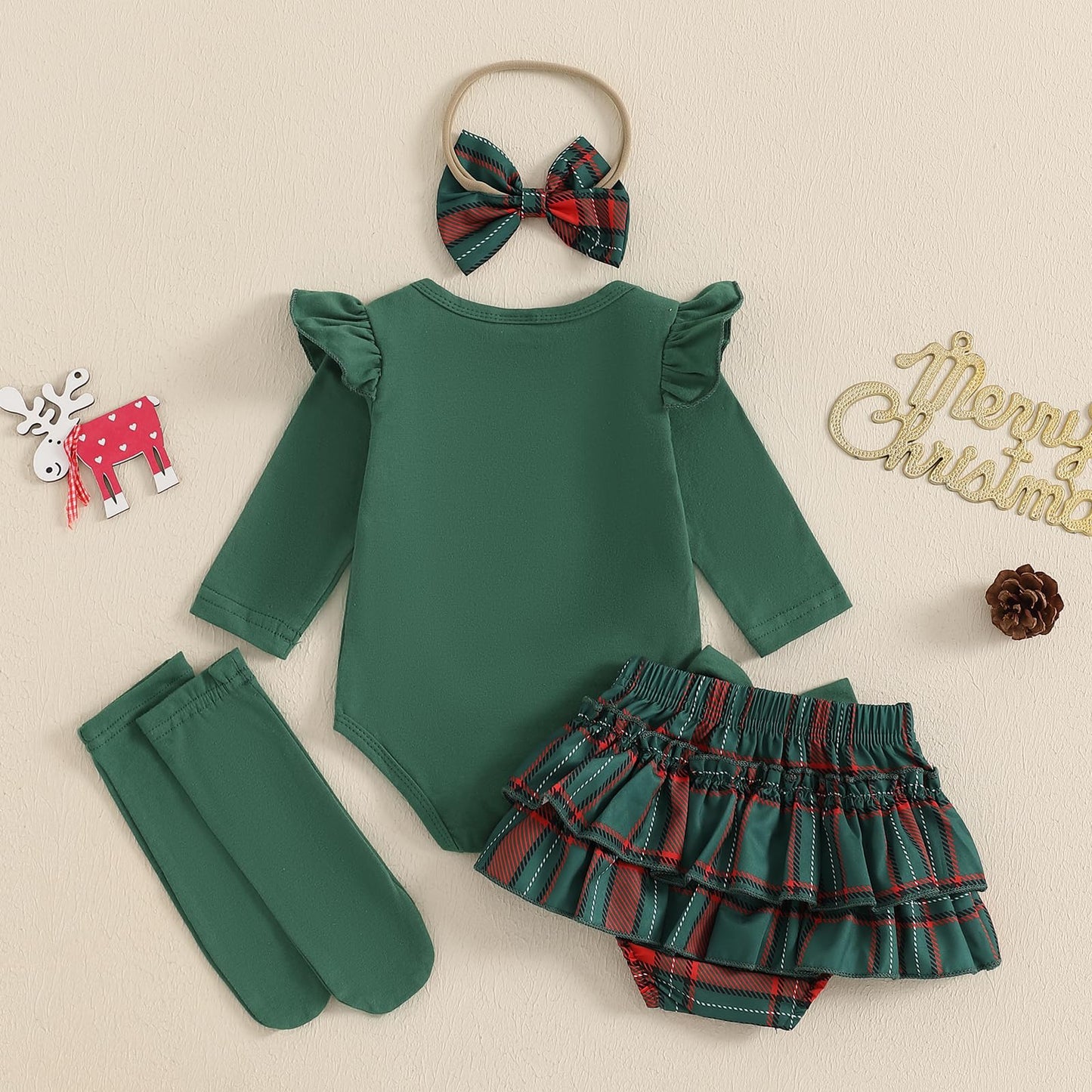 Beqeuewll Newborn Baby Girl Christmas Outfit Santa Baby Clothes Long Sleeve Romper+Bloomers Tutu Skirt+Socks+Headband 4Pcs (Gree