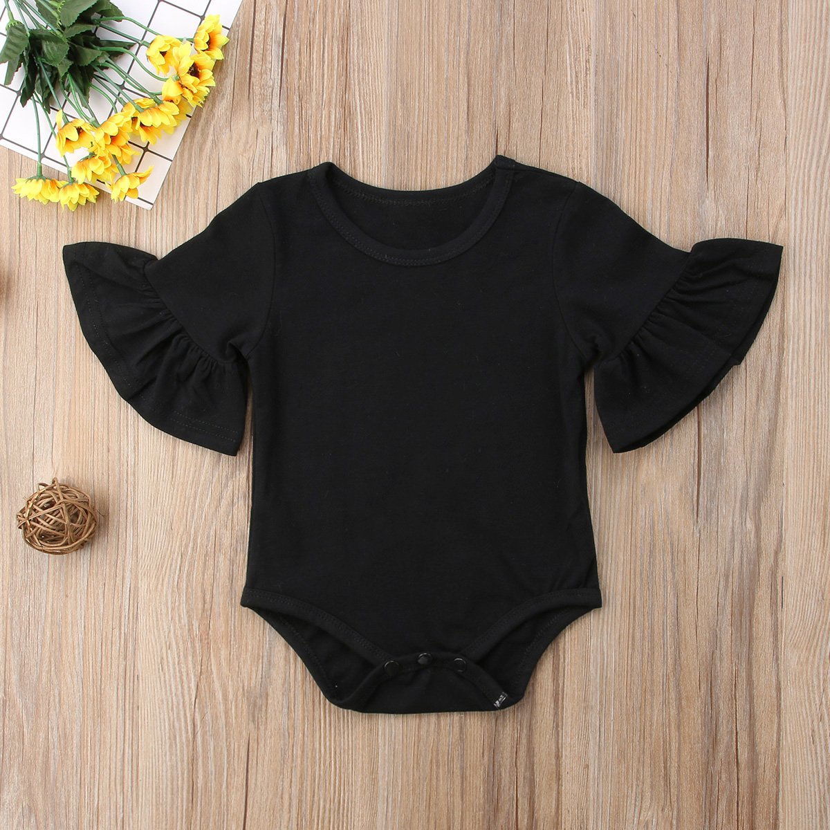 Mubineo Infant Baby Girl Basic Bell Short Sleeve Cotton Romper Bodysuit Tops Clothes (Black, 3-9 Months)