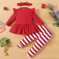 Ptomurs Newborn Baby Girls My 1St Christmas Outfits Santa Print Ruffle Sleeve Dress Shirt Tops + Stripe Pants +Headbands Set(Red