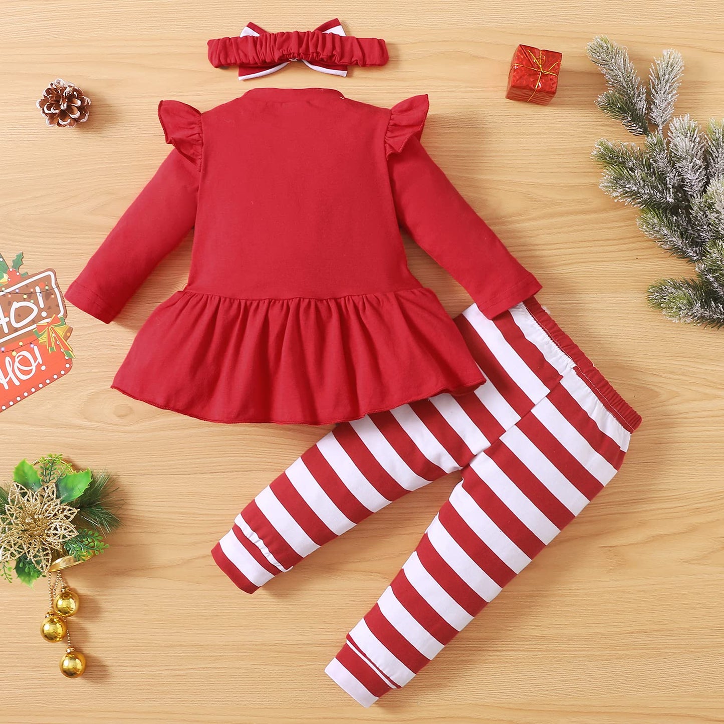 Ptomurs Newborn Baby Girls My 1St Christmas Outfits Santa Print Ruffle Sleeve Dress Shirt Tops + Stripe Pants +Headbands Set(Red
