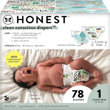 The Honest Company Clean Conscious Diapers | Plant-Based, Sustainable | Above It All + Barnyard Babies | Club Box, Size 1 (8-14