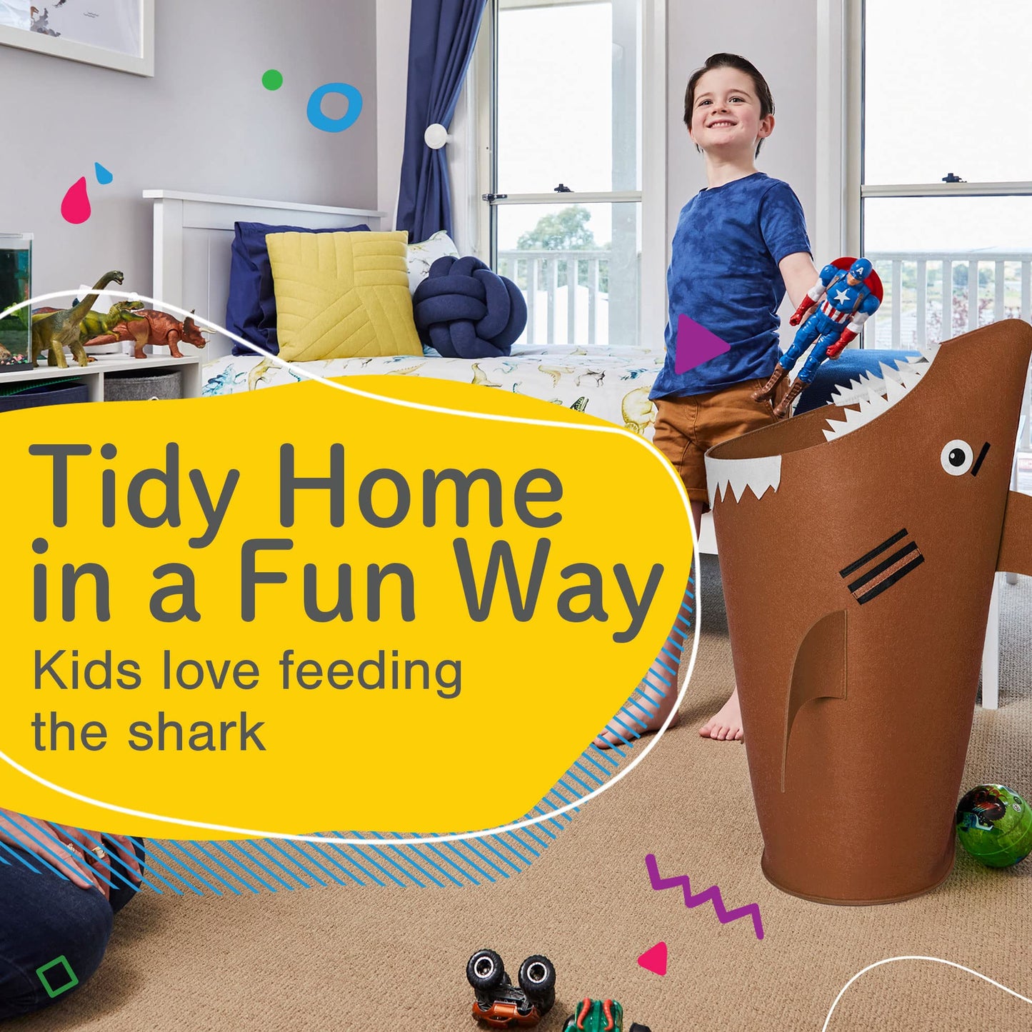 Pikl Kids Shark Laundry Hamper, Brown - 29X16X10 Inches, Portable Toy Storage Basket For Nursery, Bedroom, Bathroom, Boys & Girl