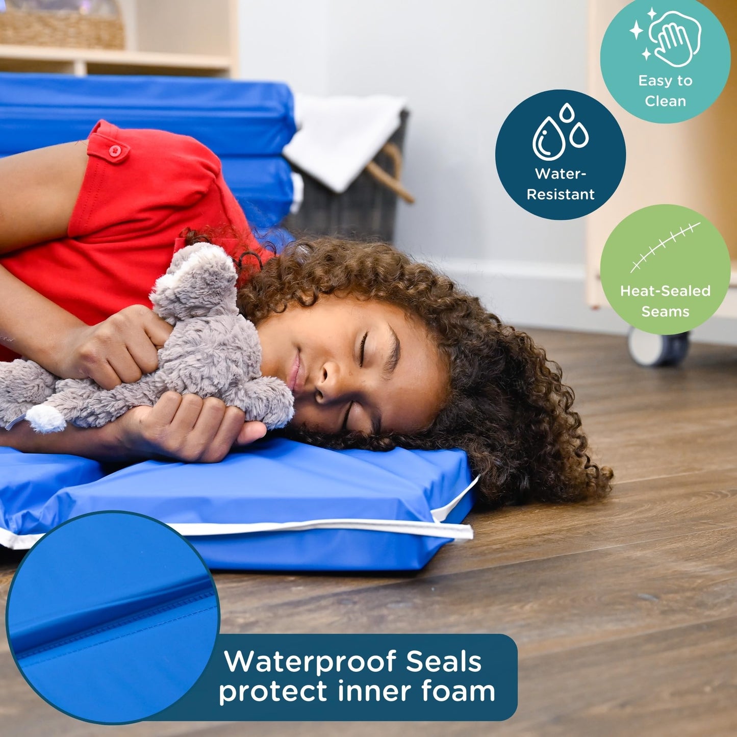 Childrens Factory 2 Inch Thick Folding Rest Mats For Preschool, 4-Section Nap Mats For Daycares, Nursery, Classroom, Blue, 5 Pac