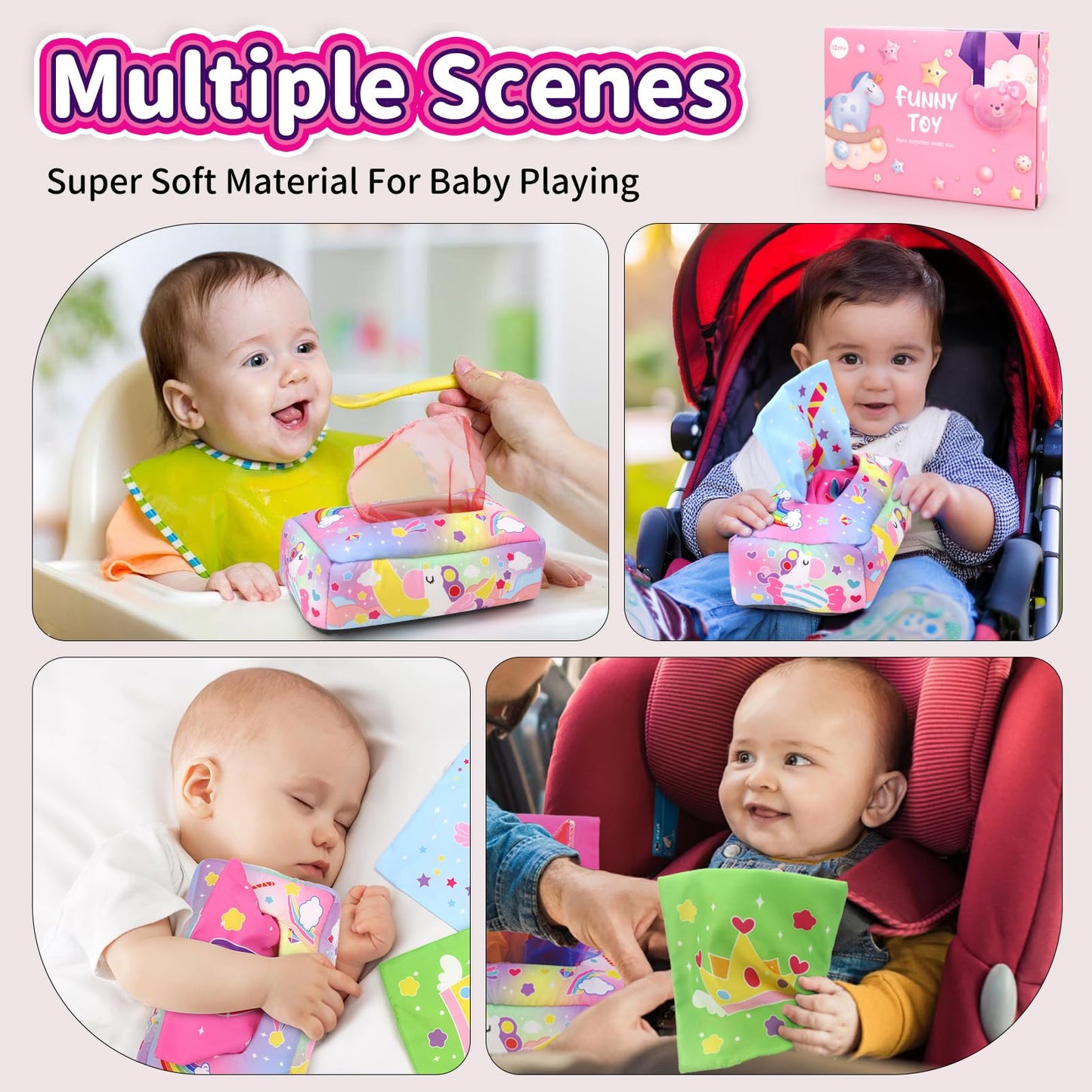 usrela Baby Toys 6 to 12 Months - Tissue Box Toy, Baby Toys for 6 12 18 Months, Unicorn Tissue Learning Toys with Alphabet Numbe