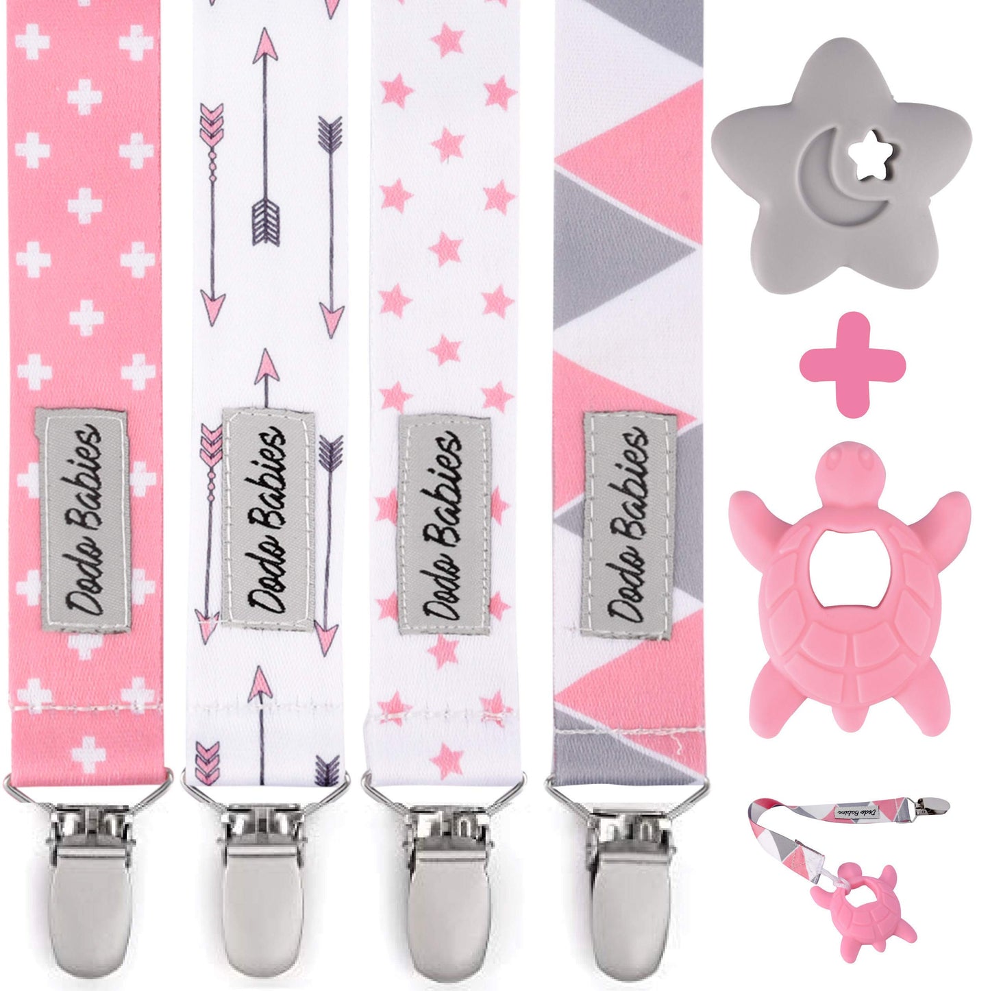 Dodo Babies Pacifier Clip & Teether Toy Set - Four Clips Plus Two Silicone Teether Toys - Universal Holder Fits Most Paci Brands