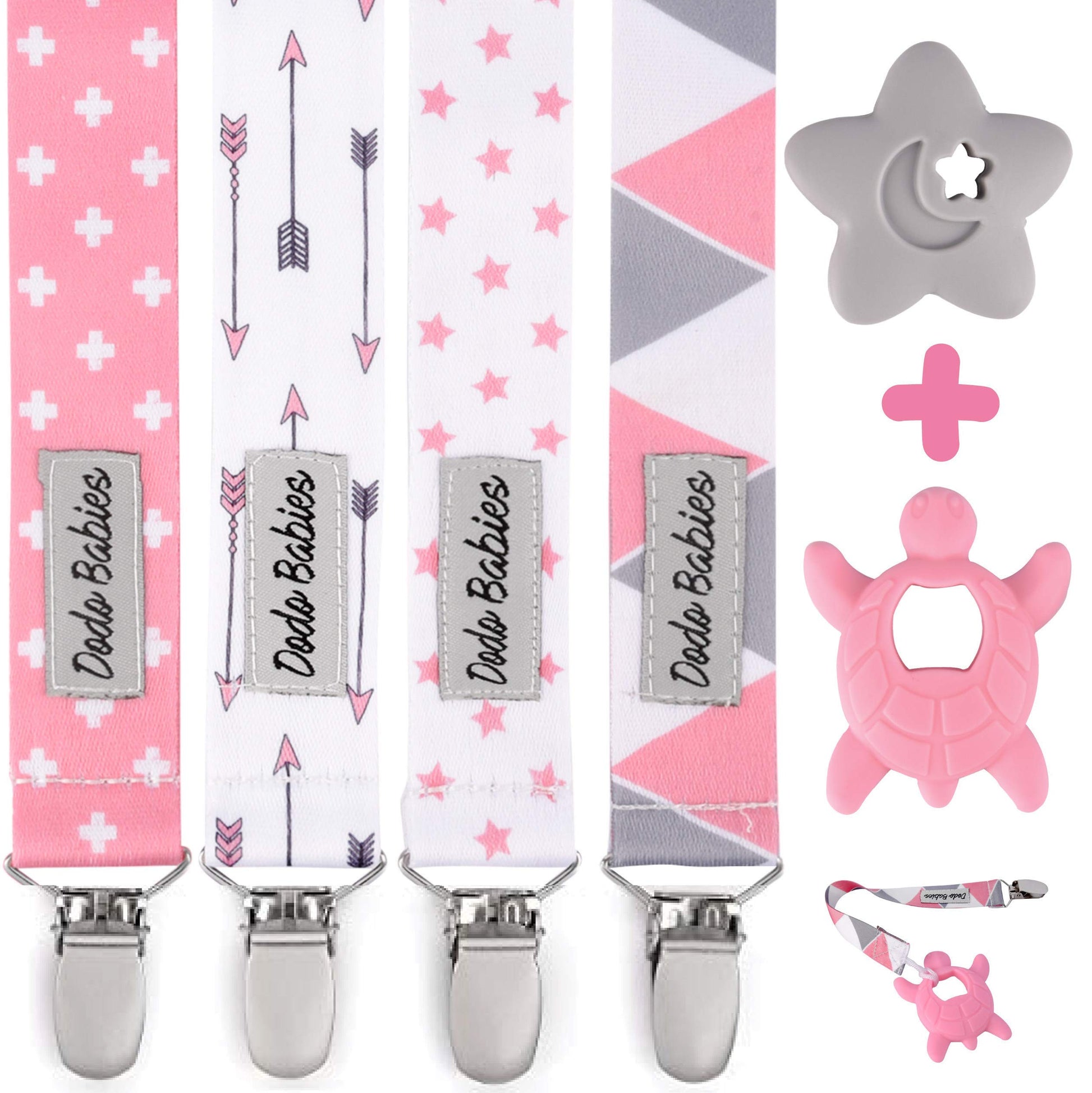 Dodo Babies Pacifier Clip & Teether Toy Set - Four Clips Plus Two Silicone Teether Toys - Universal Holder Fits Most Paci Brands