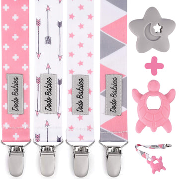 Dodo Babies Pacifier Clip & Teether Toy Set - Four Clips Plus Two Silicone Teether Toys - Universal Holder Fits Most Paci Brands