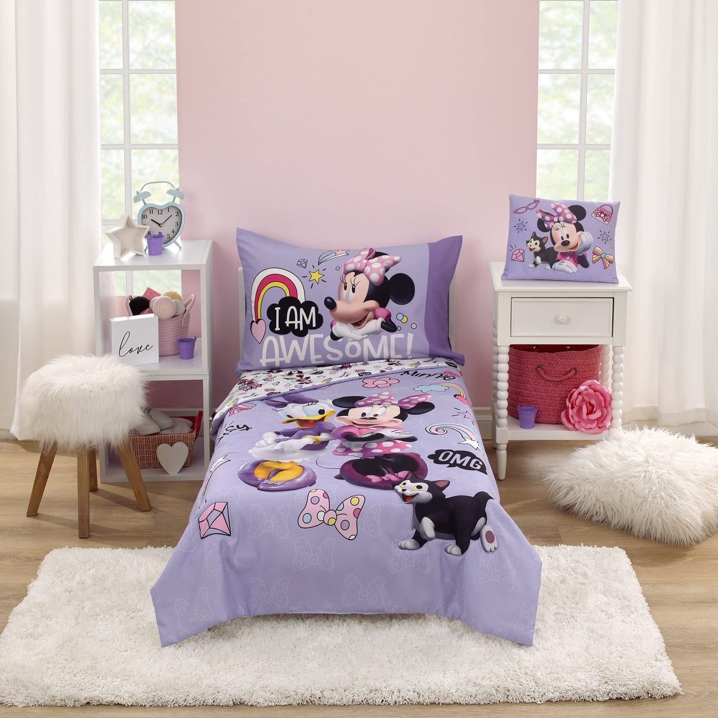 Disney Minnie Mouse I Am Awesome Lavender And Pink, Figaro Plush Decorative Throw Pillow