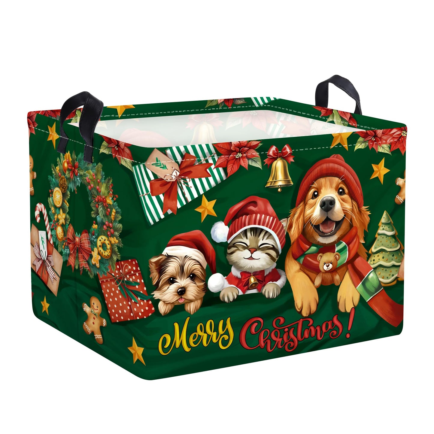 HUUMONSS Dog Merry Christmas Gift Basket Christmas Tree Bells Shelf Toy Storage Box Collapsible Baby Nursery Hamper, Green, 36L