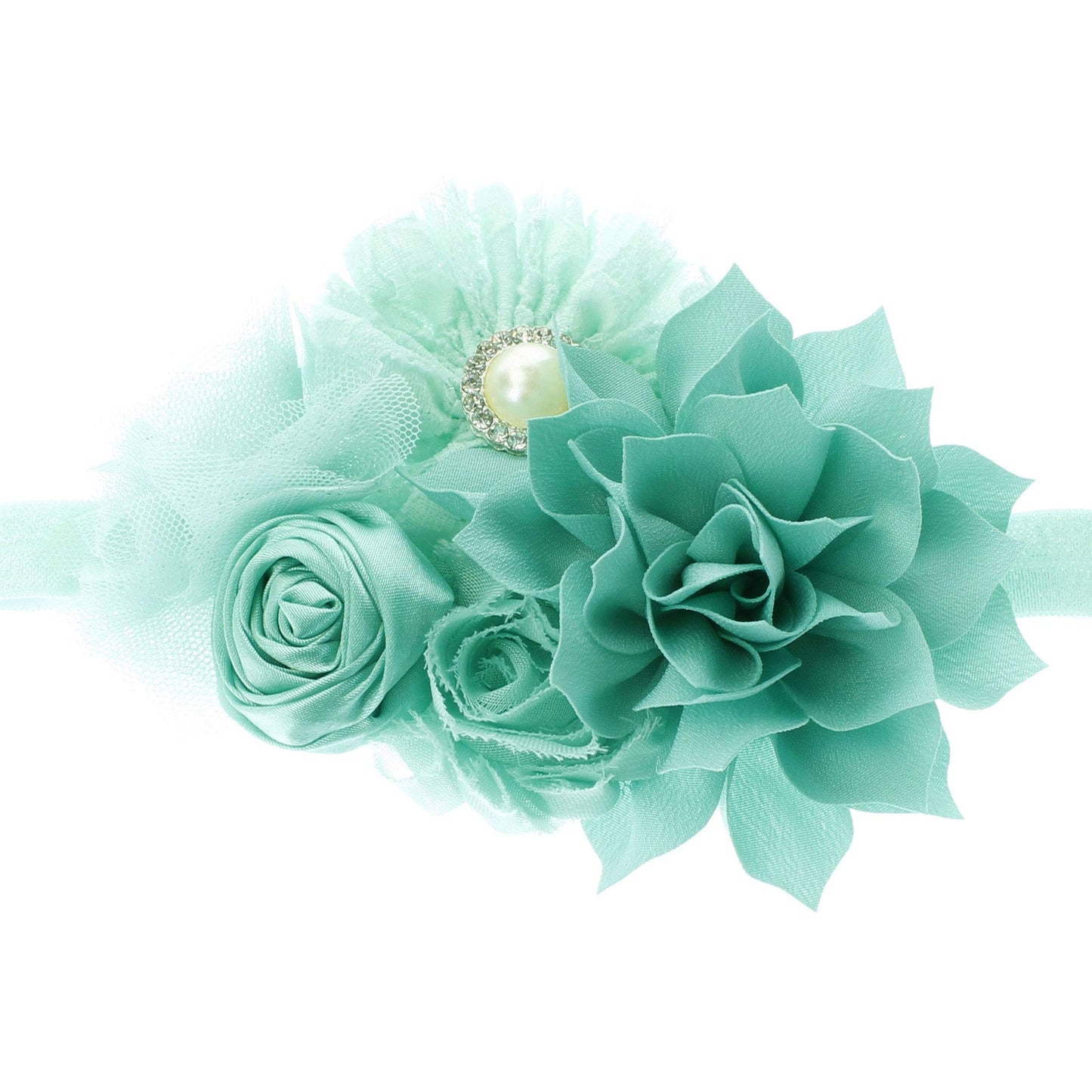 My Lello Baby Headband Shabby Fabric Flower Cluster Stretchy Elastic Aqua