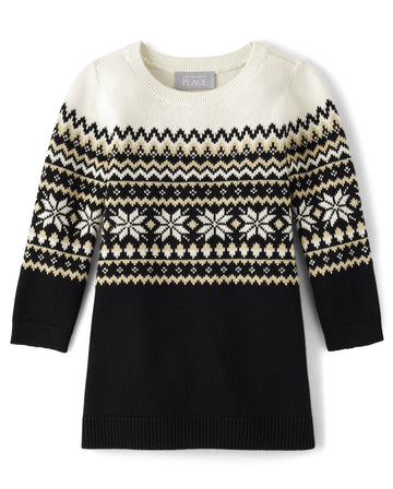 The Children'S Place Baby Girls' And Toddler Long Sleeve Sweater Dress, Black And White Fairisle, 3T
