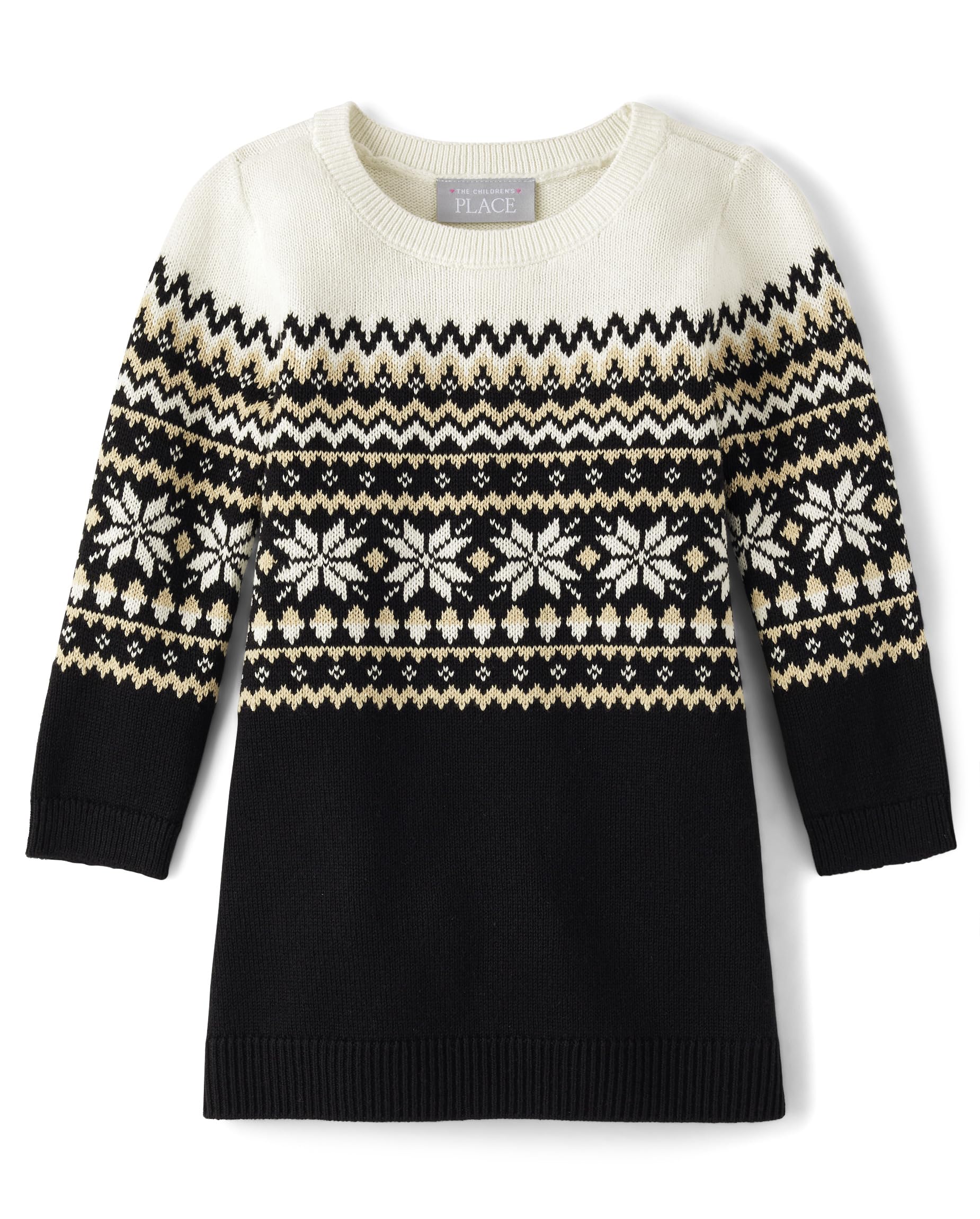 The Children'S Place Baby Girls' And Toddler Long Sleeve Sweater Dress, Black And White Fairisle, 4T