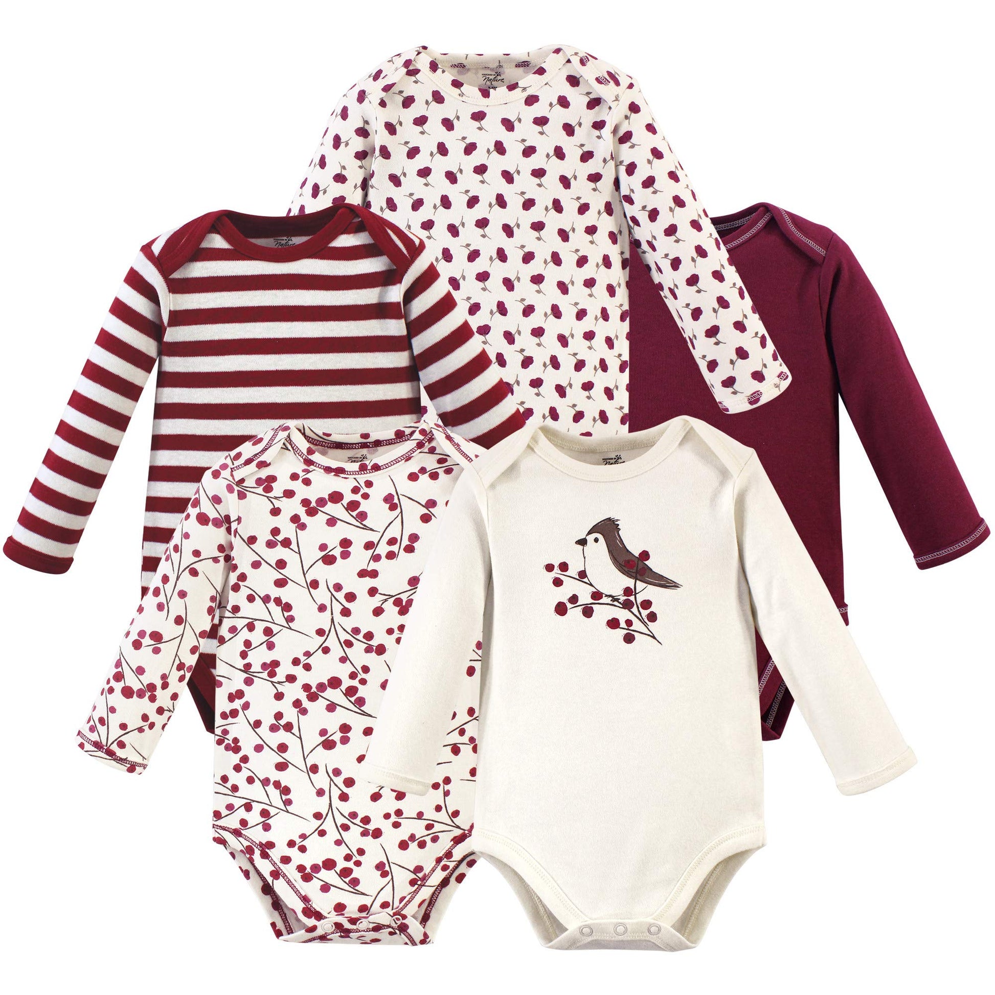 Touched By Nature Baby Boys Organic Cotton Long-Sleeve Bodysuits T Shirt Set, Berry Branch, 9-12 Months Us
